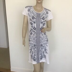 Johnny Was Blue Lei Lei Peasant Boho Heavily Embroidered Floral Cotton Dress S